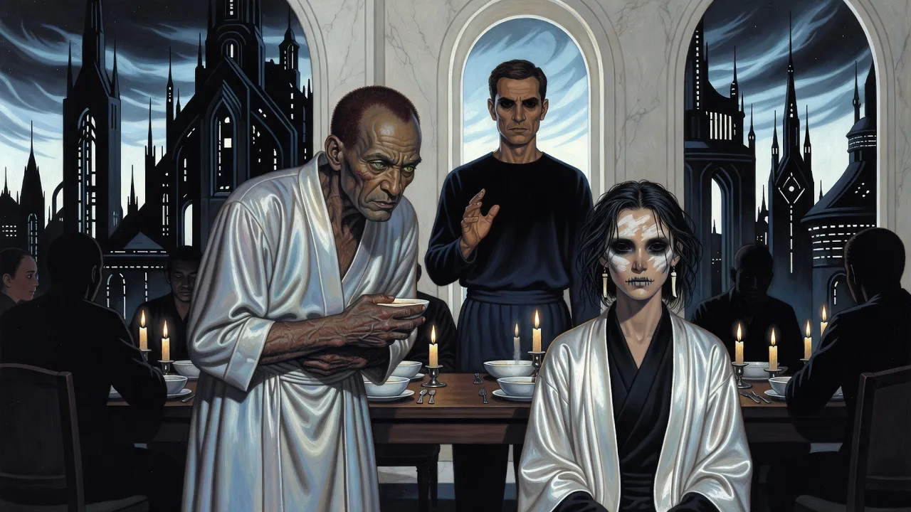 At a long dining table set with soup bowls, a lean scarred man doubles over while an ordinary-looking man stands with a raised hand and a pale young woman sits watching.