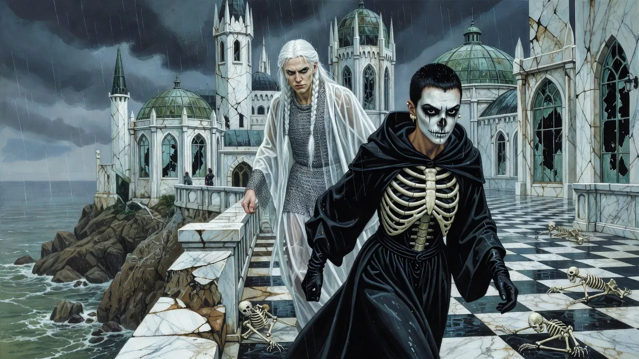 A pale youth with white braids in white robes stands at the rail of a rain-lashed stone terrace over a grey sea, a young woman in black running toward him with skeletons clawing at the flagstones.