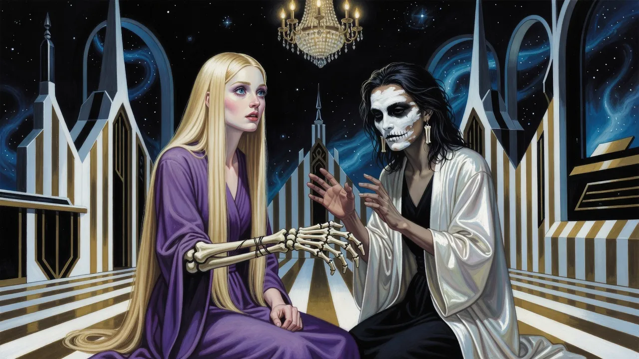 A tall pale blonde woman sits on the floor of a white-and-gold room flexing a new arm made of carved bone and sinew, a dark-haired young woman kneeling beside her.