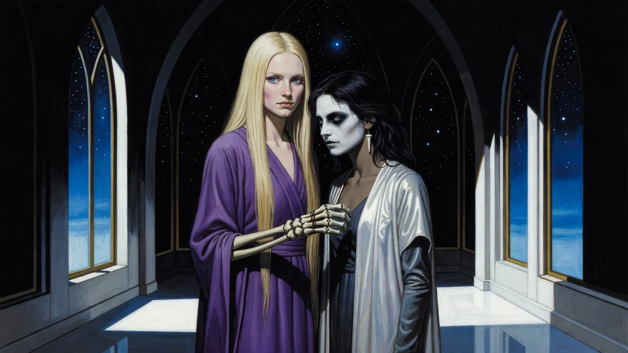 In a dim pearl-white corridor a tall blonde woman in violet leans toward a pale young woman in a dark dress and skull paint, who turns her face away.