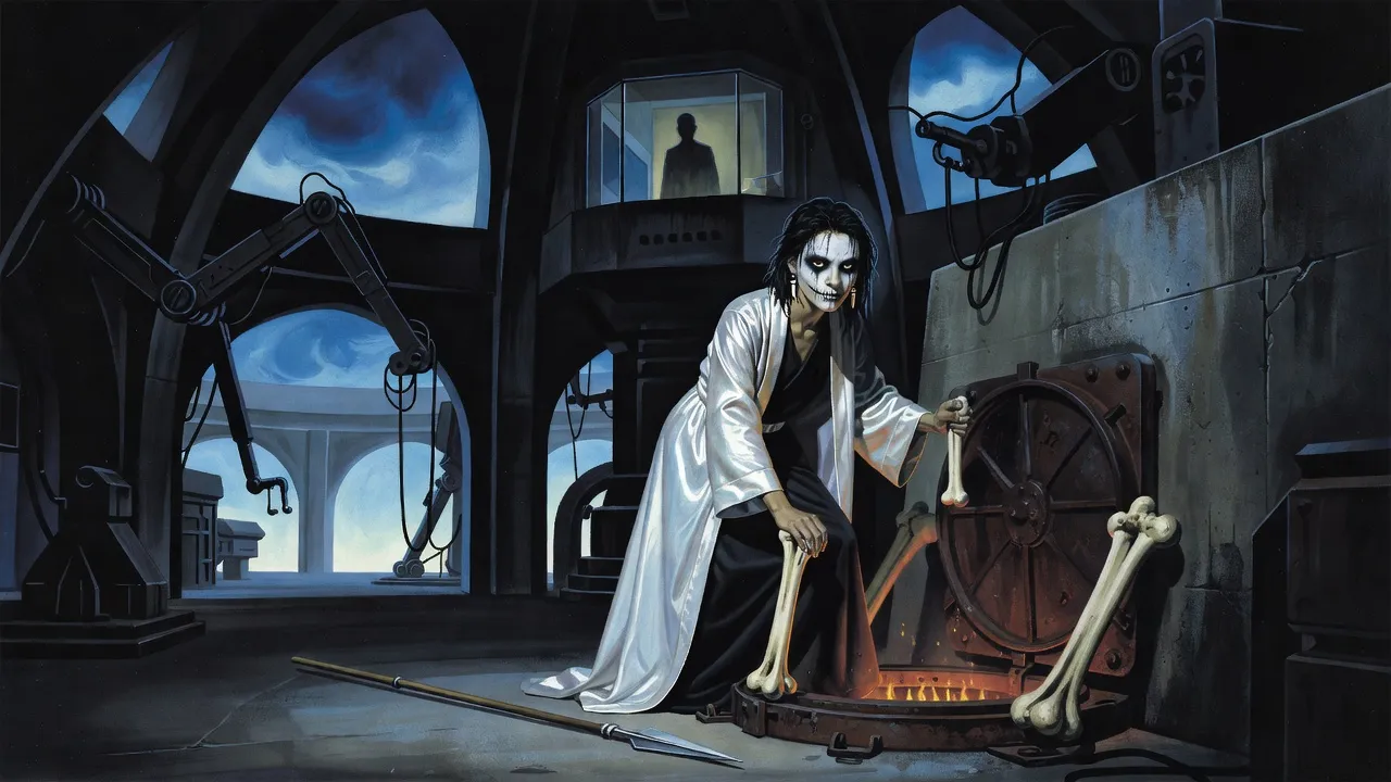 A young woman in a dark dress heaves open the hatch of a furnace with levers of bone in a deep industrial room, a spear on the floor and a shadowy figure in a booth above.
