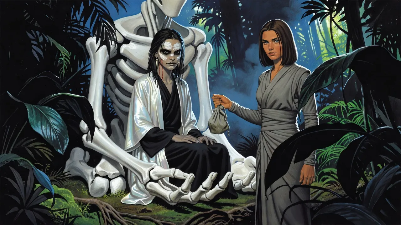 A young woman sits in the open palm of a towering construct of bone in a dense jungle while a lean dark-haired woman in grey steps out of the trees holding a small cloth bag.
