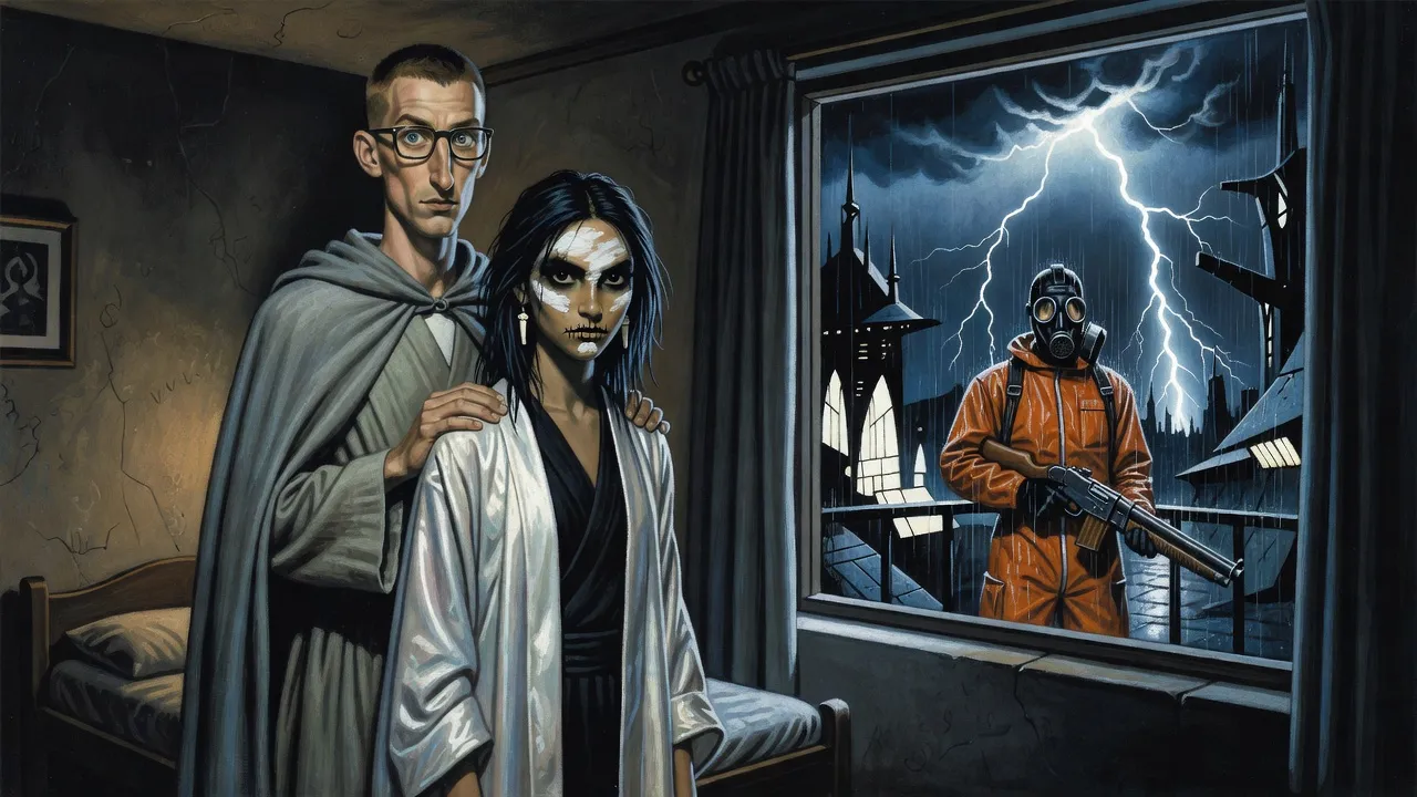 A tall young man in spectacles and grey robes rests a hand on the shoulder of a stiff young woman in a pale robe in a small stone room, while outside the window lightning shows an orange-suited masked figure with a gun.