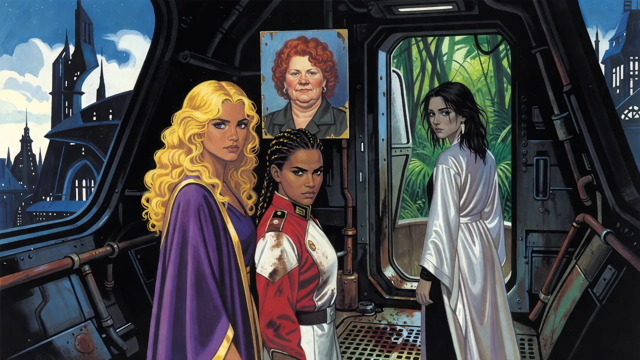 Inside a battered shuttle a golden-haired woman and a dark-braided woman in a worn red-and-white uniform face a young woman at the hatch, a portrait of a red-haired woman on the wall behind them.