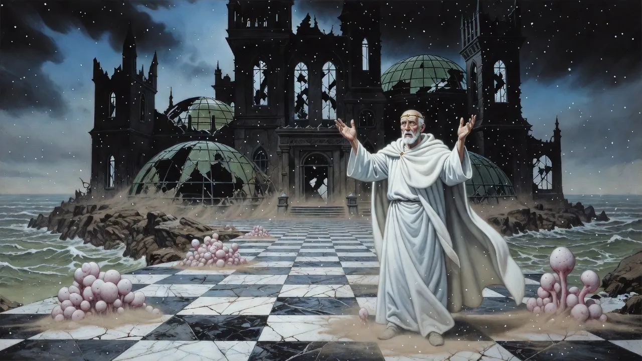 A small bald old priest in white stands in a snowy ruined courtyard where strange pink fleshy growths push up between the cracked flagstones.