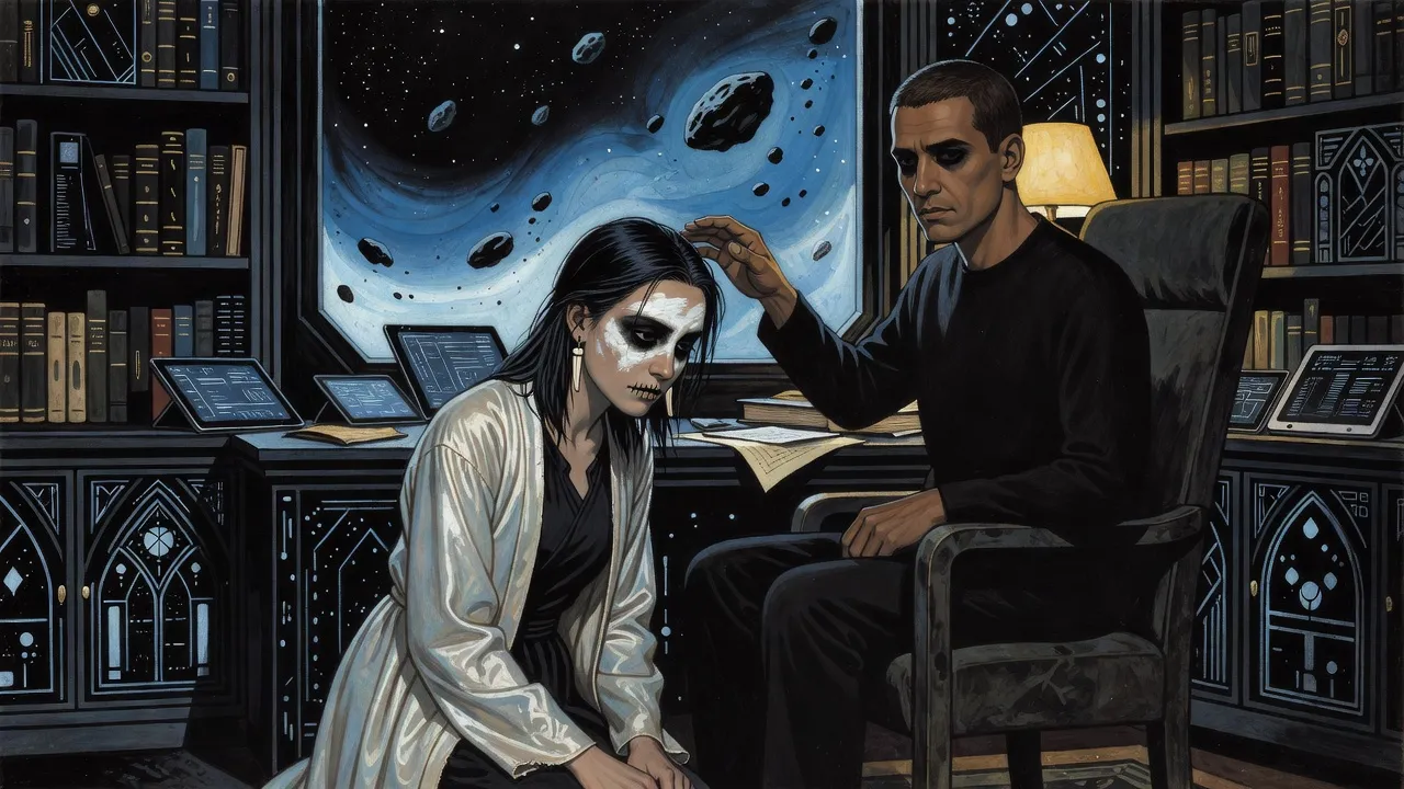 A young woman in a pale robe kneels with bowed head at the feet of an ordinary-looking man in a dark shirt, who reaches a hand down toward her head in a book-lined study.