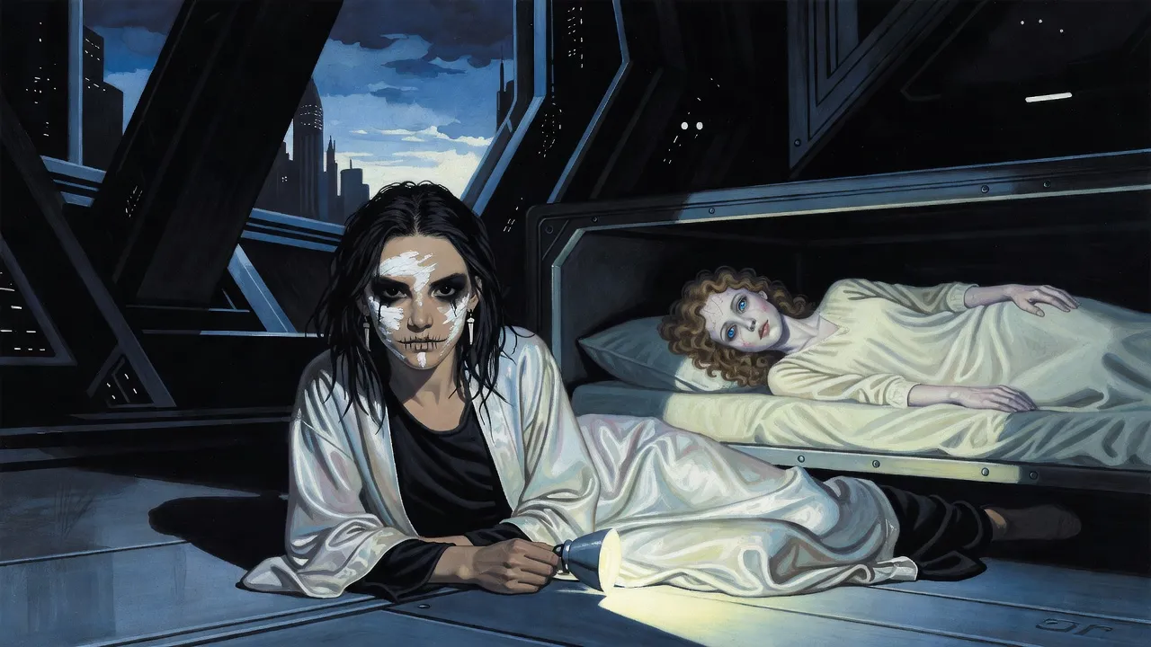 A young woman lying on a dark floor holds a lamp whose light falls on the still, pale face of a woman with fawn curls hidden under a bed.