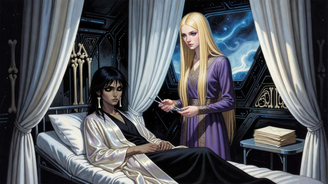 A pale young woman with black hair lies back on a narrow bed in a curtained room, her eyes turning gold, while a tall blonde woman in violet holds fine silver instruments beside a stack of sealed letters.