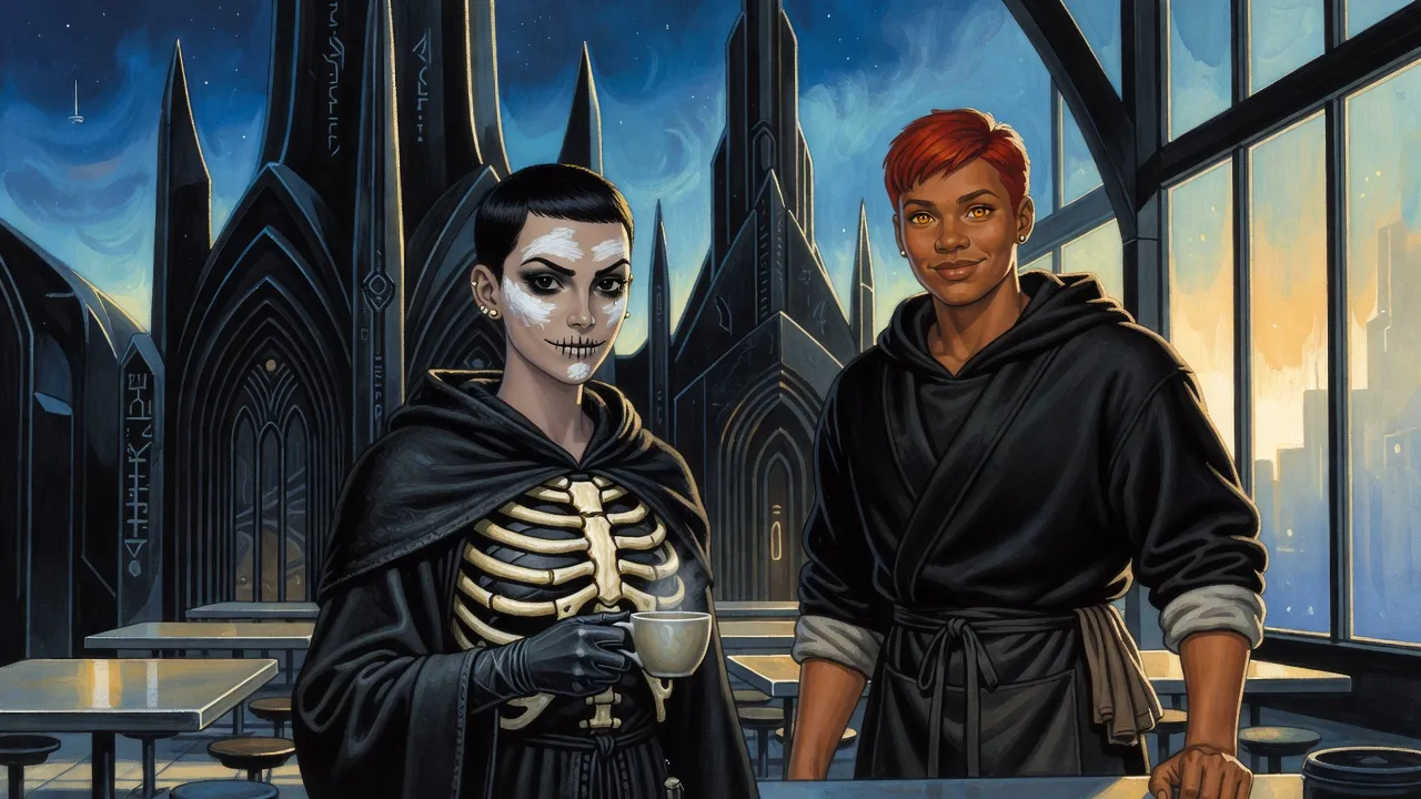 In a bright military cafeteria a pale young woman in black and skull paint stands at a coffee counter, served by a tall red-haired young woman in an apron.