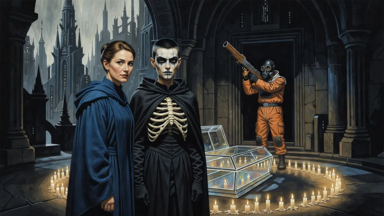 Two women stand inside a chalk circle of candles around an empty glass coffin in a stone vault while a masked figure in an orange hazard suit raises a long wooden-stocked gun in a doorway.