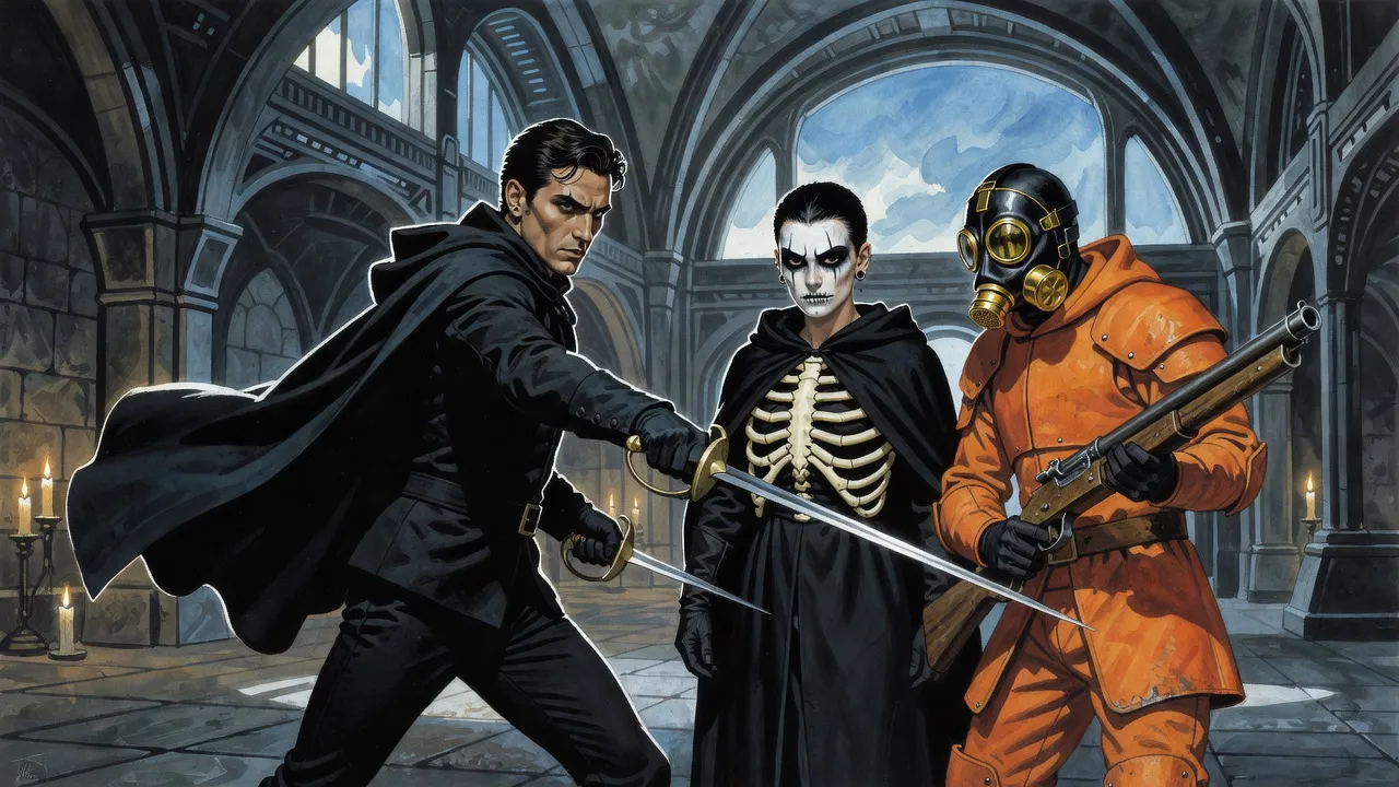 A lean dark-haired swordsman in old black duelling clothes lunges with rapier and dagger at a figure in orange armour and a golden mask in a candlelit stone hall.