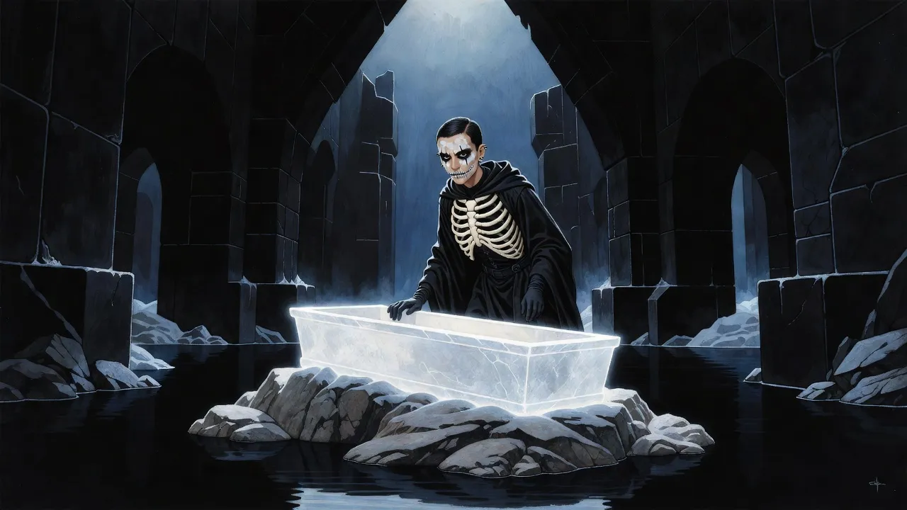 A thin young woman in black robes and skull face paint bends over an empty open coffin on a small stone island in still black water inside a vast dark vault.