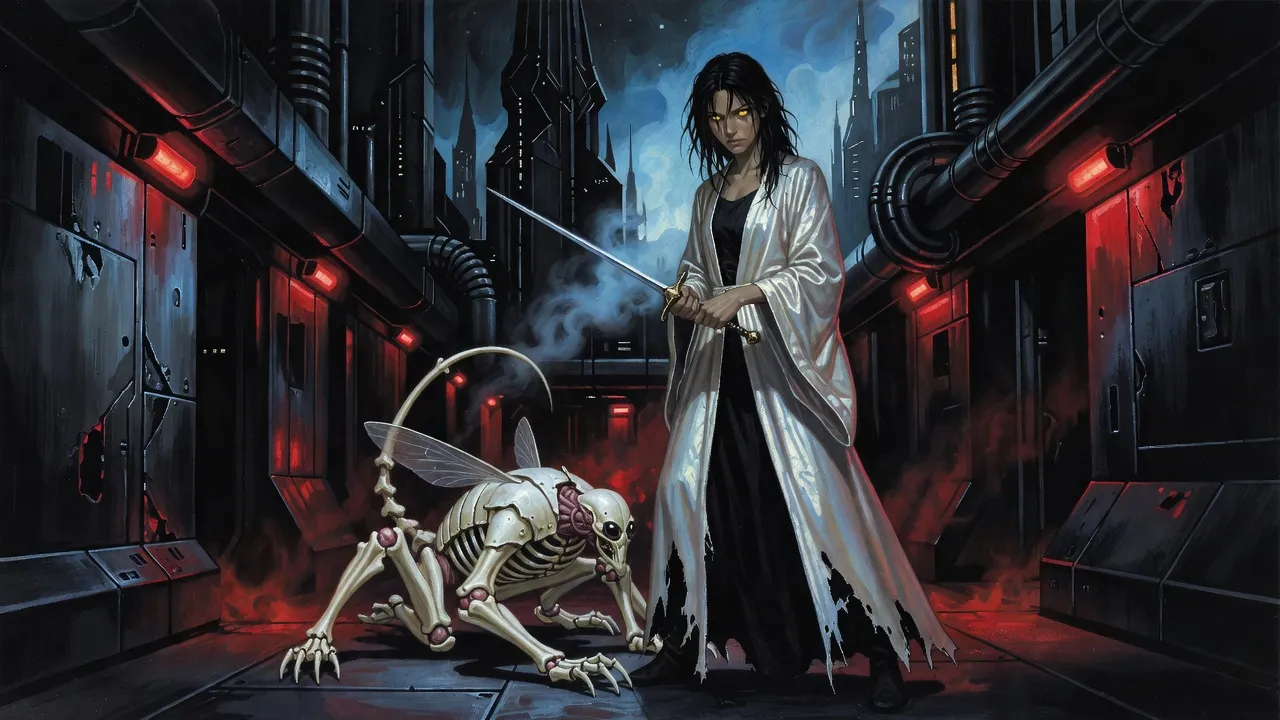 A thin young woman with gold eyes holds a rapier in a hot red-lit corridor as a man-sized creature of pale armour plates, wings and a stinger crawls toward her.