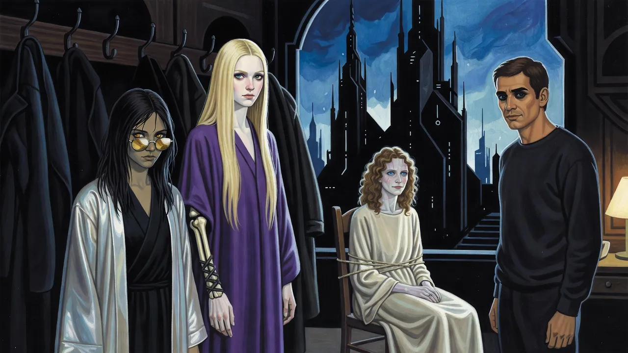 An ordinary-looking man questions a pale fawn-haired woman bound to a chair with cords of sinew, while two young women, one in dark glasses, peer from behind a coat rack in the foreground.