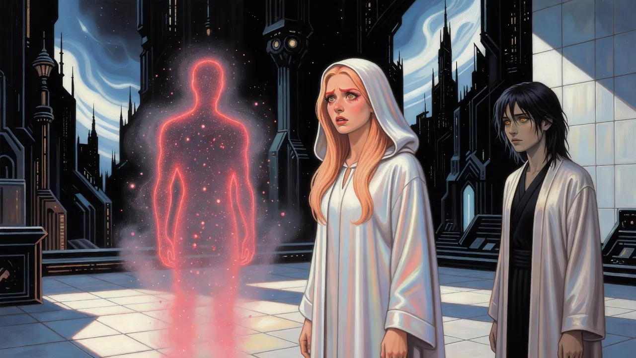 A peach-haired woman in a pearlescent robe stands very still before a haze of pink and red motes gathering in the air of a pale study, a young woman with gold eyes watching from the side.