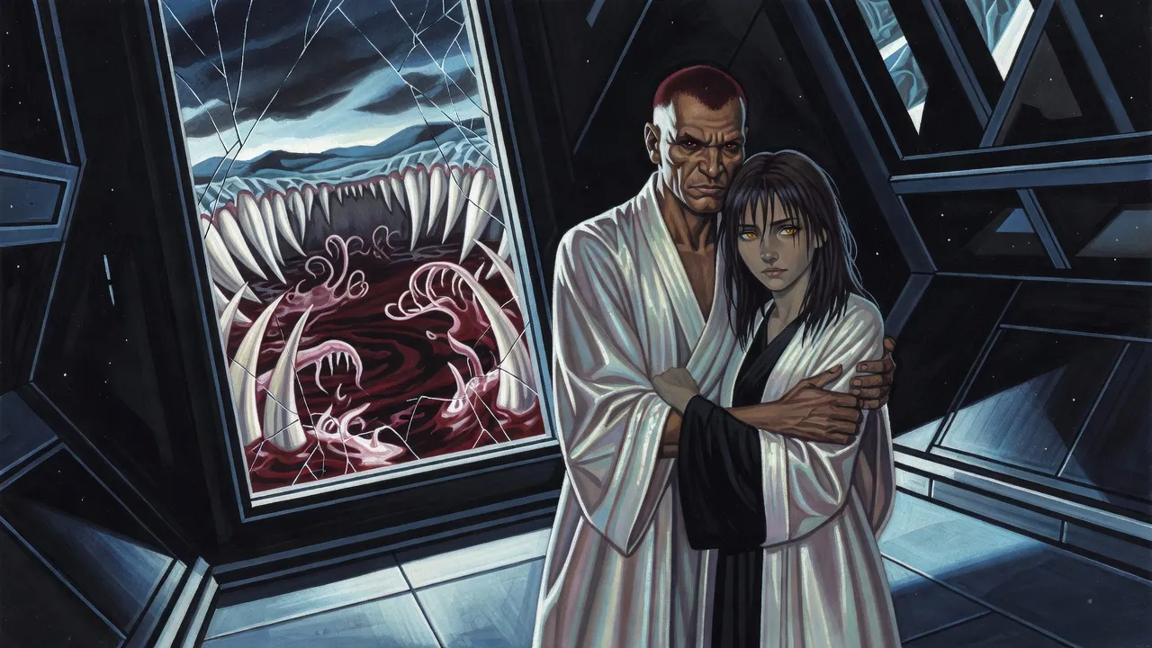 A lean scarred person with dark eyes holds a thin gold-eyed young woman back from a cracked window, beyond which dark red water churns over a vast pit ringed with giant teeth.