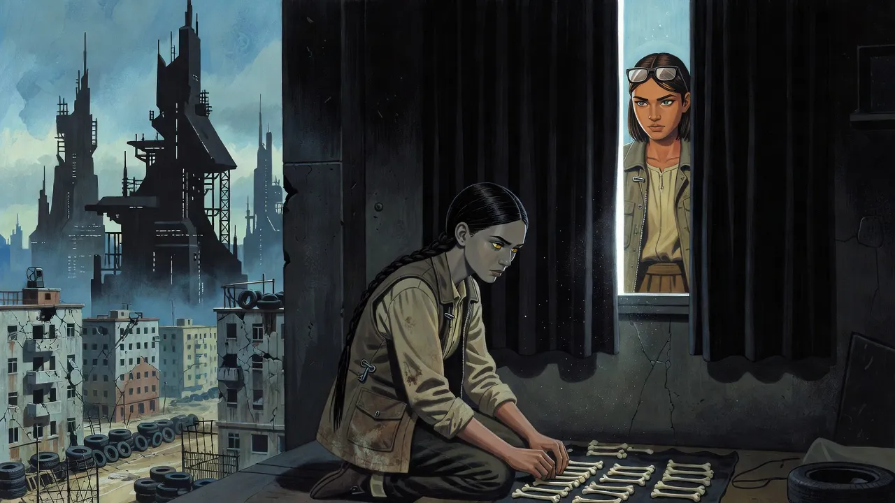 In a hot dim apartment with blackout curtains, a young woman with a long black braid kneels sorting bones on the floor while a dark-haired woman in dark glasses keeps watch at the window.