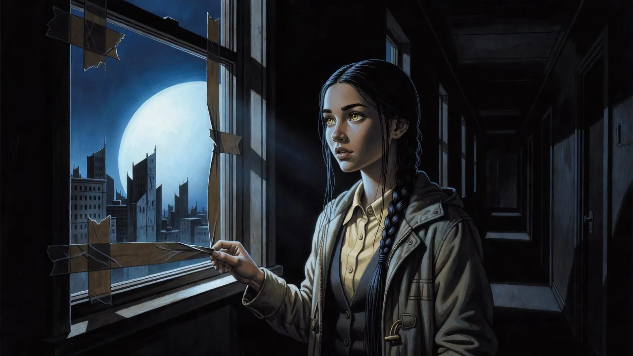 A young woman with a long black braid peels back tape from a dark window to look at a huge glowing blue sphere over a city at night.