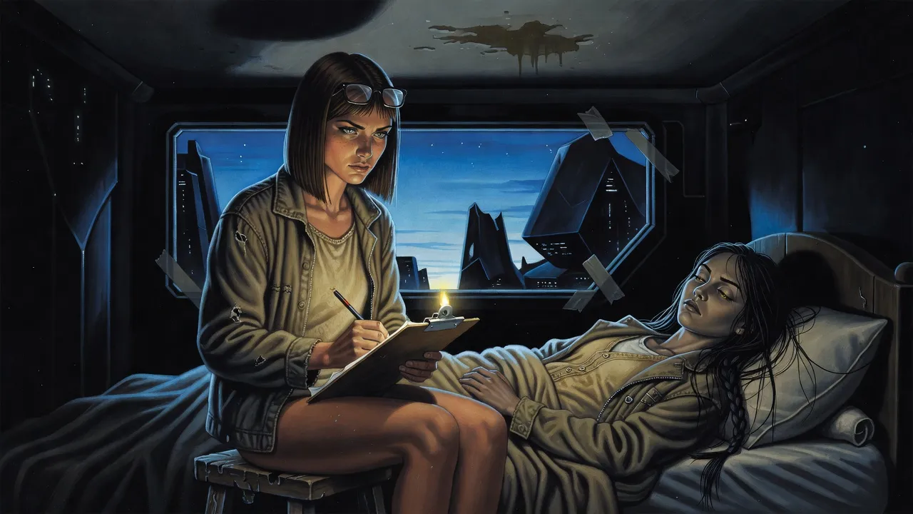 A dark-haired woman sits writing by a tiny torch beside a bed where a young woman with long loose black hair lies with her eyes squeezed shut.