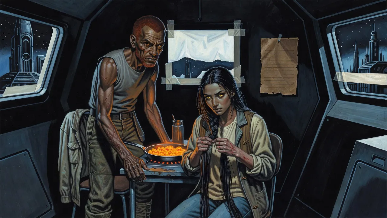 A lean scarred man leans over a small table where a young woman with long black hair braids it by a hot plate of bright orange eggs.