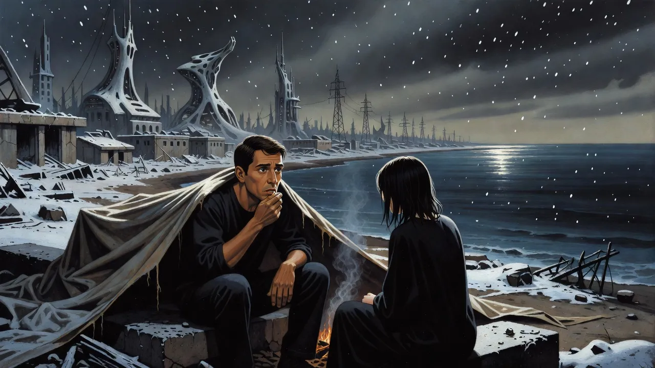 A man in a dark shirt and a black-haired young woman seen from behind sit on a grey ruined shore in falling ash.