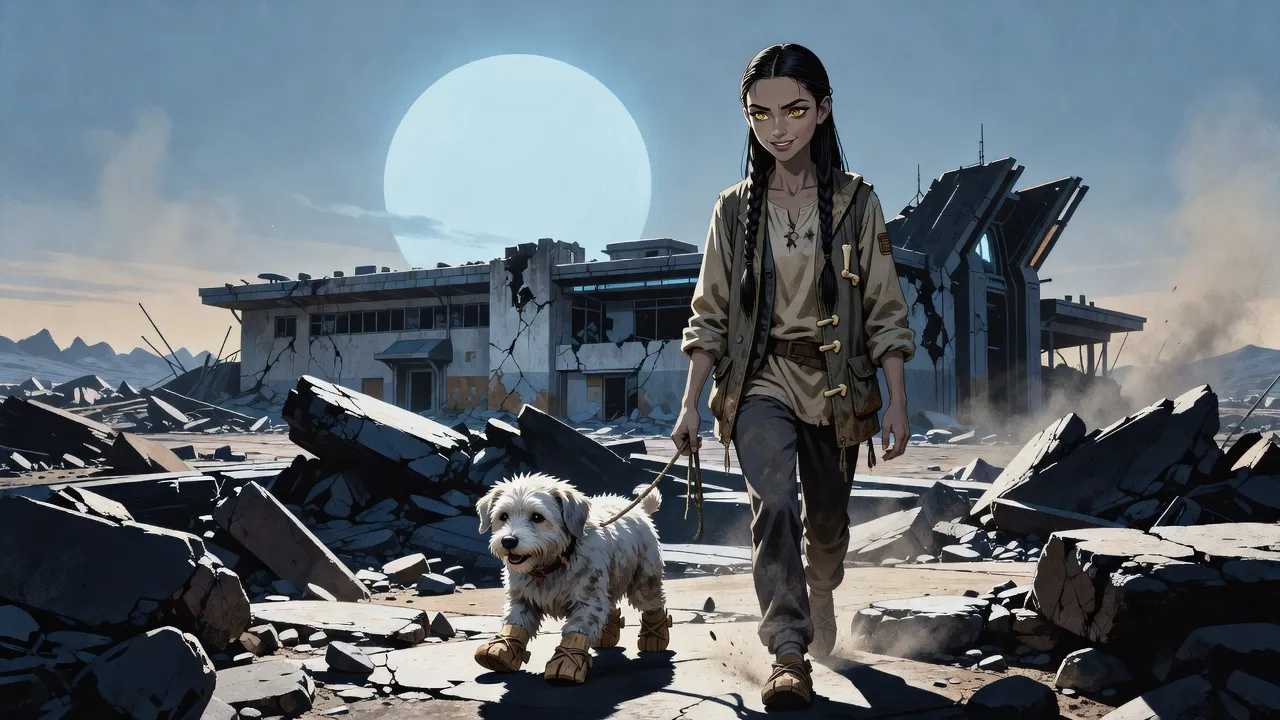 A young woman with a long black braid walks a small white six-legged dog across sunlit rubble under a blue-stained sky.