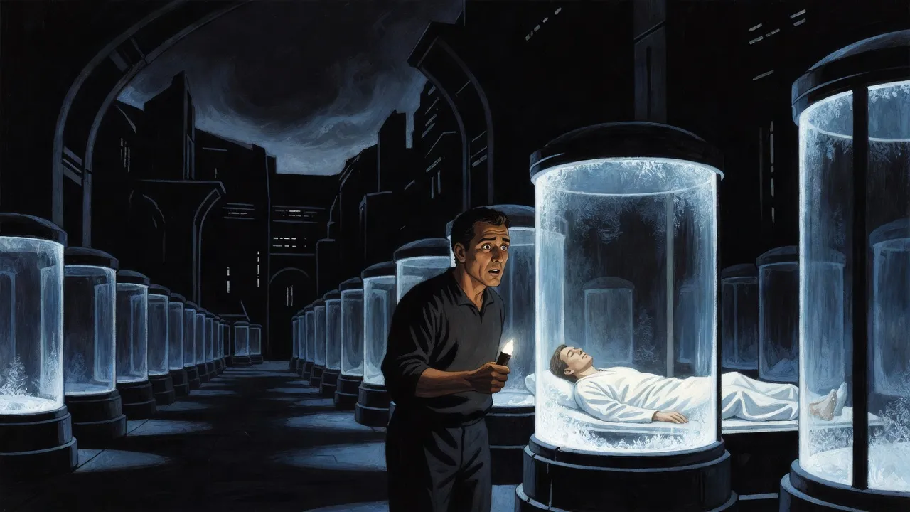A man with a torch stands among rows of dark frosted tanks in a powerless laboratory, looking at one body lying perfectly preserved.