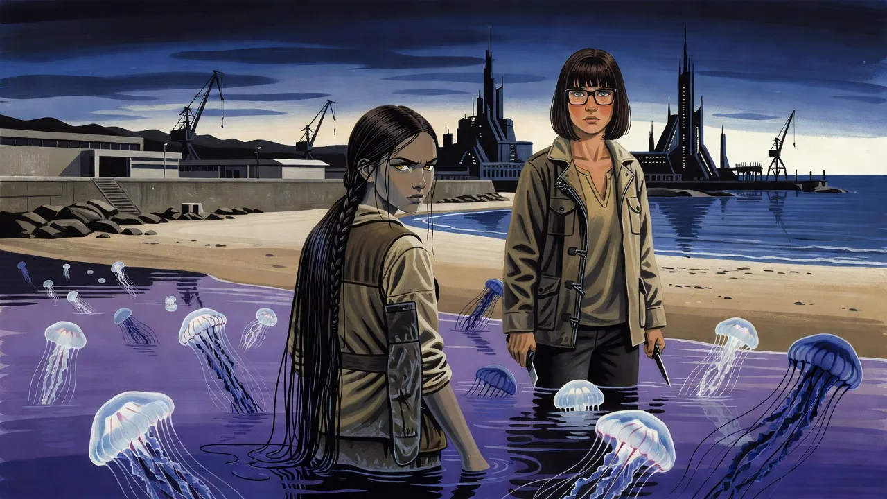 At dusk a young woman with a long black braid stands in the shallows among glowing jellyfish while a woman with knives lowered stands in the water behind her.