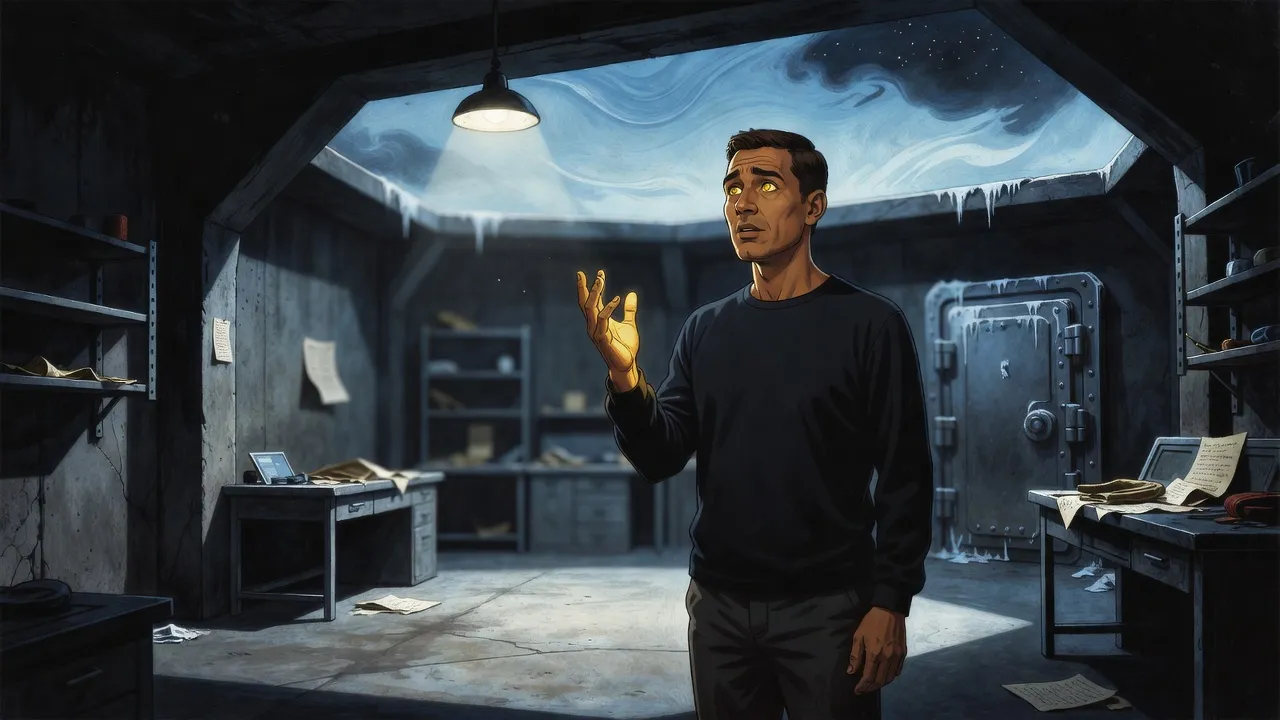 A man with gold eyes stares at his own raised hand in a bare laboratory of steel shelving and a cold-storage door.