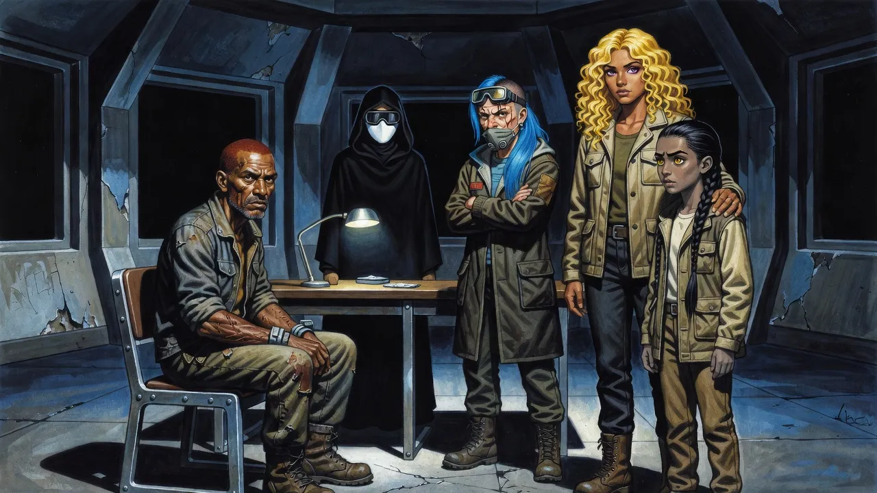 A lean scarred person sits locked in a heavy chair in a bare room while a masked, hooded commander, a goggled bodyguard and a golden-haired woman look on.