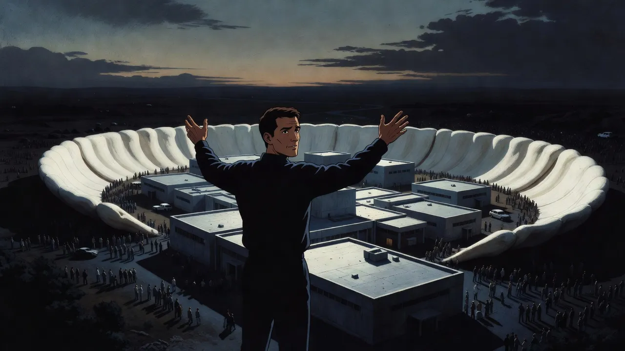 A man with raised arms stands on a concrete roof as a vast pale rampart of bone rises around the compound, holding back distant crowds.
