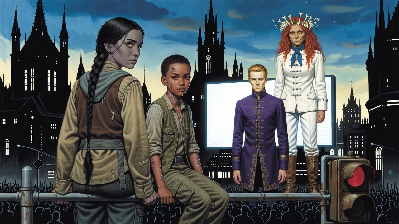 A young woman with a long black braid and a girl sit on a traffic-light crossbar above a crowd, looking back toward a giant screen showing a waxen young man and a red-haired woman in white.
