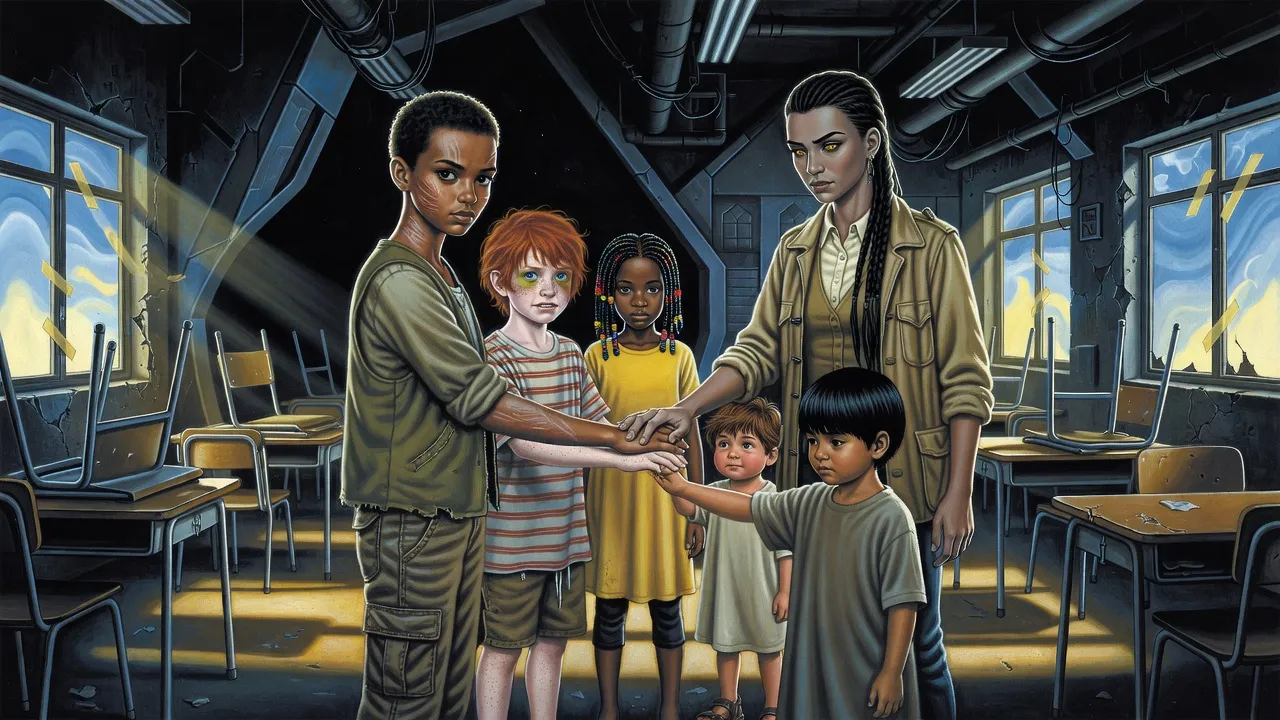 Five children and a young woman with a black braid stand in a circle in an empty classroom with their hands stacked together.