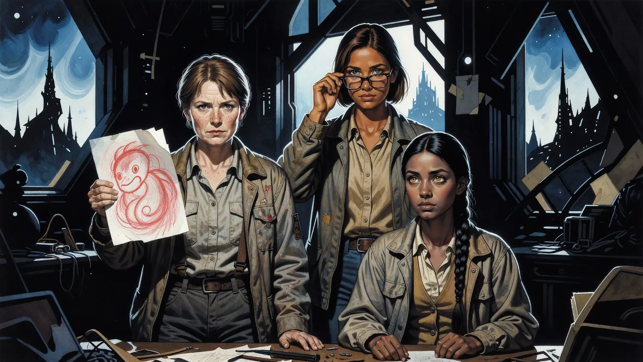 A freckled woman holds up a child’s drawing of a strange curled creature while a dark-haired woman takes off her dark glasses and a young woman watches from the table.