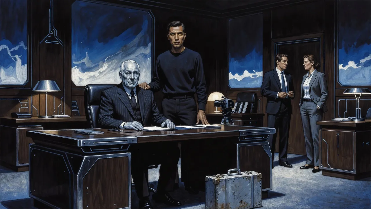 A man stands beside a grey-faced older man seated stiffly at a desk while two people in office clothes talk by the door and a metal suitcase sits on the floor.