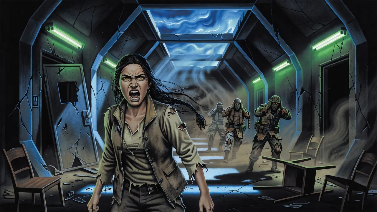 A young woman with a long black braid and torn clothes stands in a wrecked corridor among splintered chairs as masked soldiers back away covering their ears.