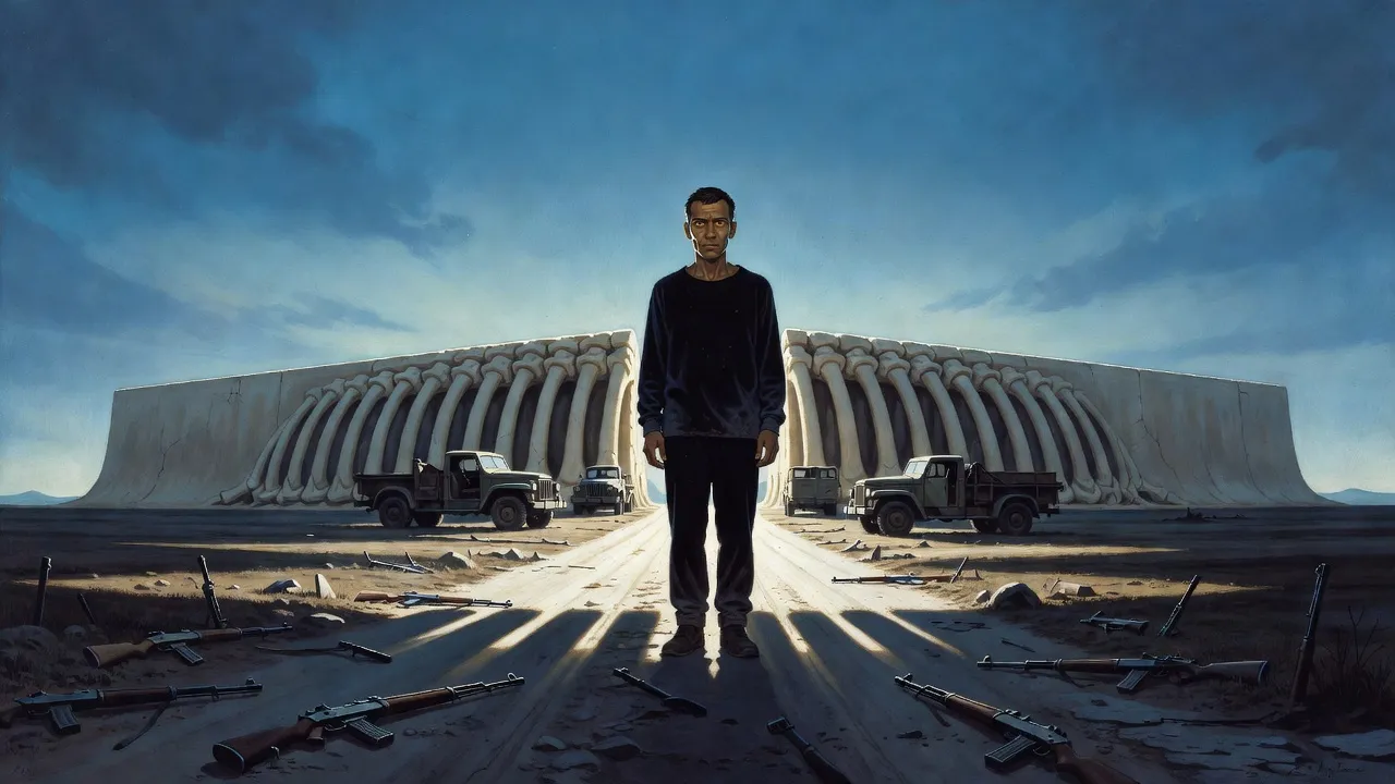A man with gold eyes stands in a gap in a pale wall looking out over an empty dusty road strewn with dropped rifles.