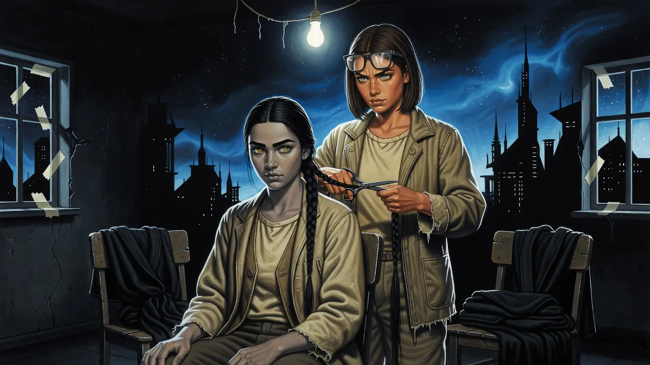 A dark-haired woman cuts a young woman’s long black braid with scissors in a dim room, black robes laid out on a chair.