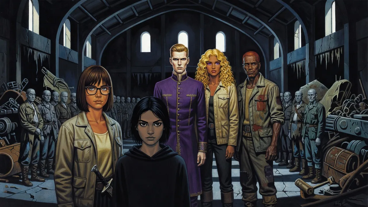 A waxen young man stands at the head of a hall of motionless dead soldiers, flanked by a golden-haired woman and a lean scarred figure, facing two women in dark clothes.