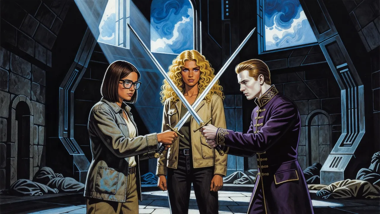 A dark-haired woman and a waxen young man cross swords in a stone hall while a golden-haired woman watches tensely behind them.