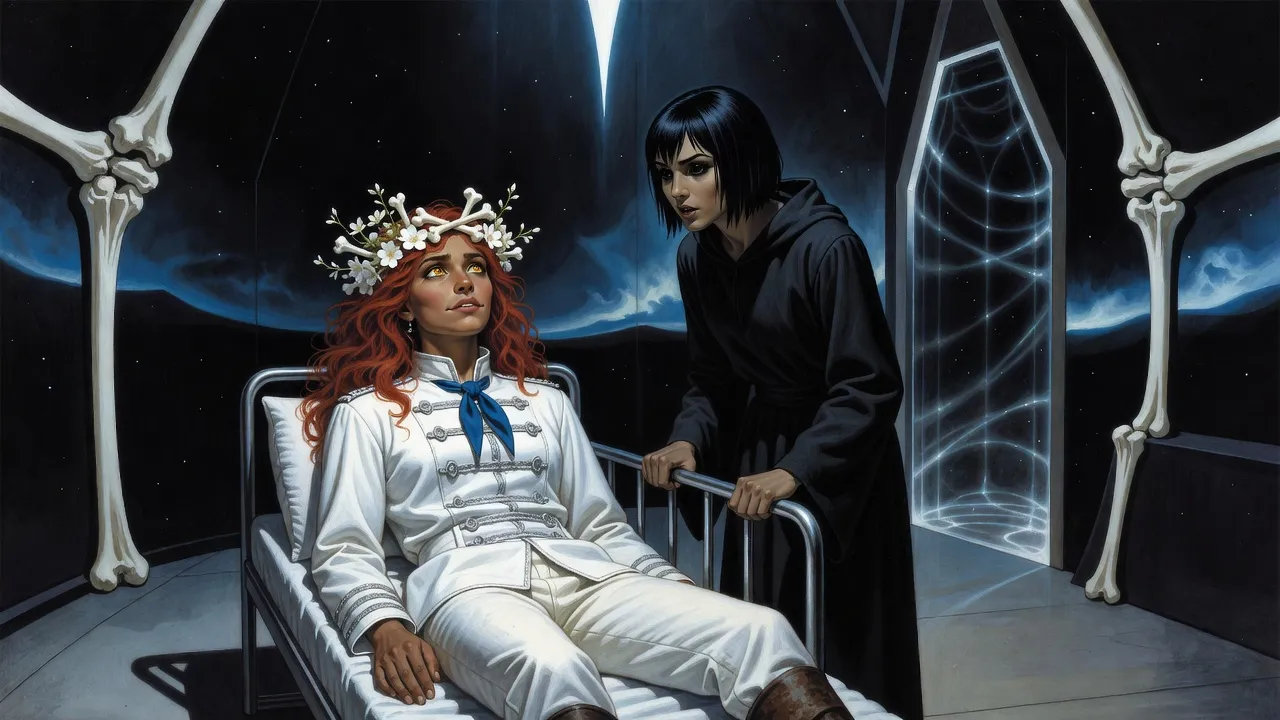 A pale red-haired young woman in white with a wreath of small bones and blossoms opens golden eyes on a bed as a black-clad young woman leans over her.