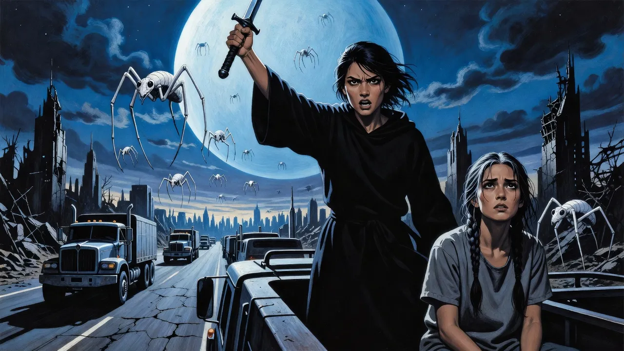 A black-clad young woman stands on the roof of a racing truck with a sword, shouting up at a huge blue sphere as insect-like shapes fall from the sky.