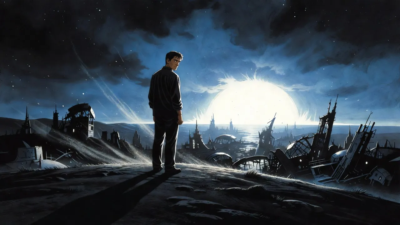 A lone man stands on a dark hill watching a vast white light bloom on the horizon.