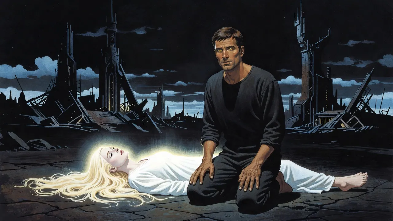 A man with gold eyes kneels on bare dark earth beside a tall sleeping woman in a white shift with long golden hair.