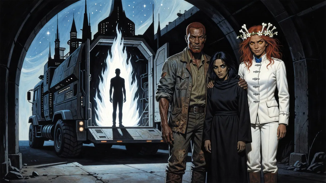 A lean scarred man holds a black-robed young woman by the shoulder beside a red-haired woman in white with a bone wreath, as a tall silhouette stands in a column of white flame in a truck.