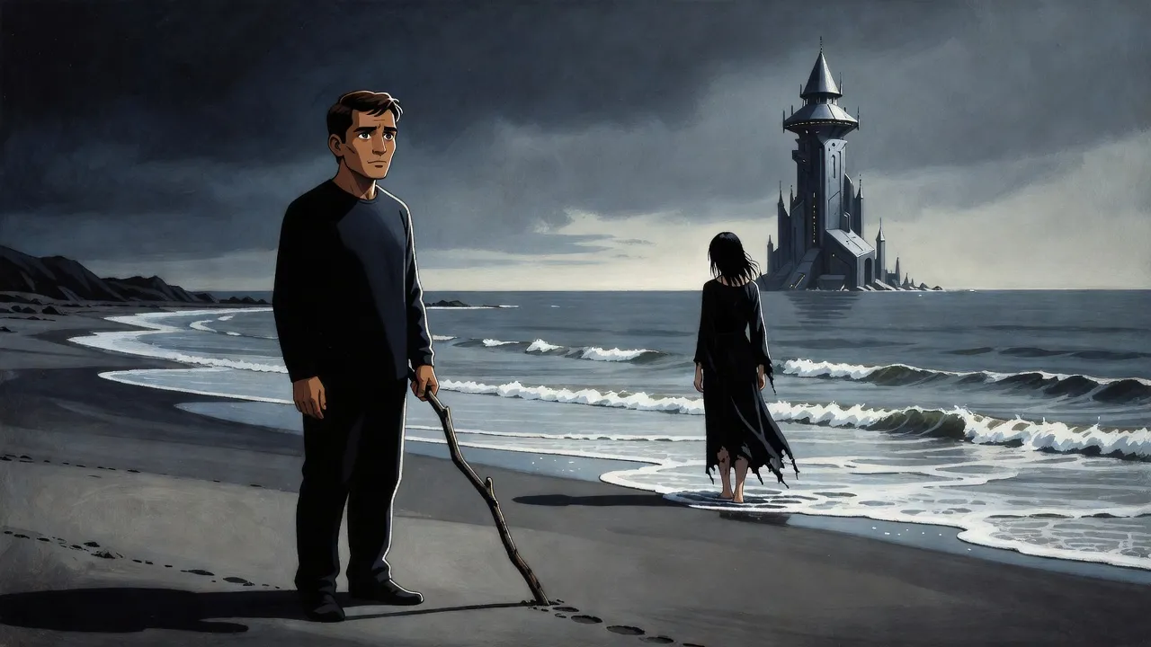 A man stands on a grey beach with a stick while a black-haired young woman walks away from him into the water toward a distant tower.