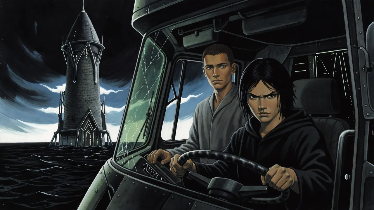 A black-clad young woman grips the wheel of a huge truck as a cone-capped tower of grey bricks rises from dark water ahead, a calm companion beside her.