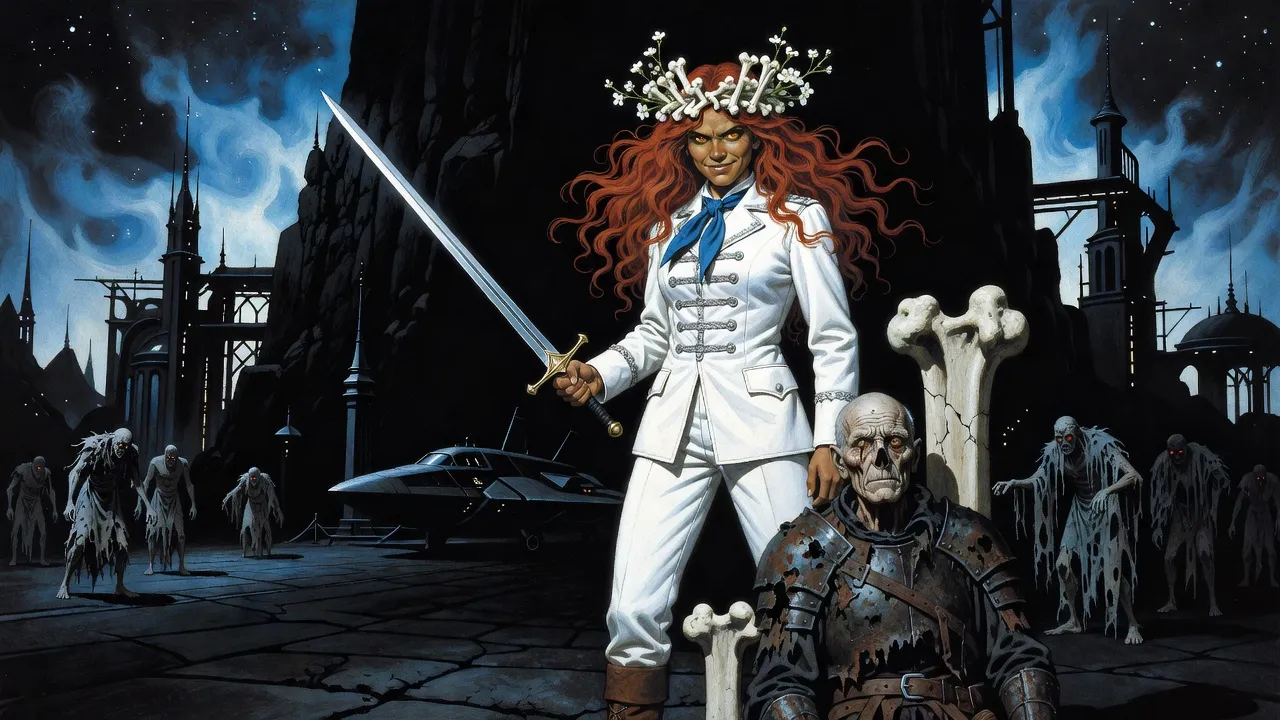 A red-haired woman in white holds a drawn sword in a dark stone landing field beside a wounded one-eyed old man, as figures with tiny red eye-lights approach.