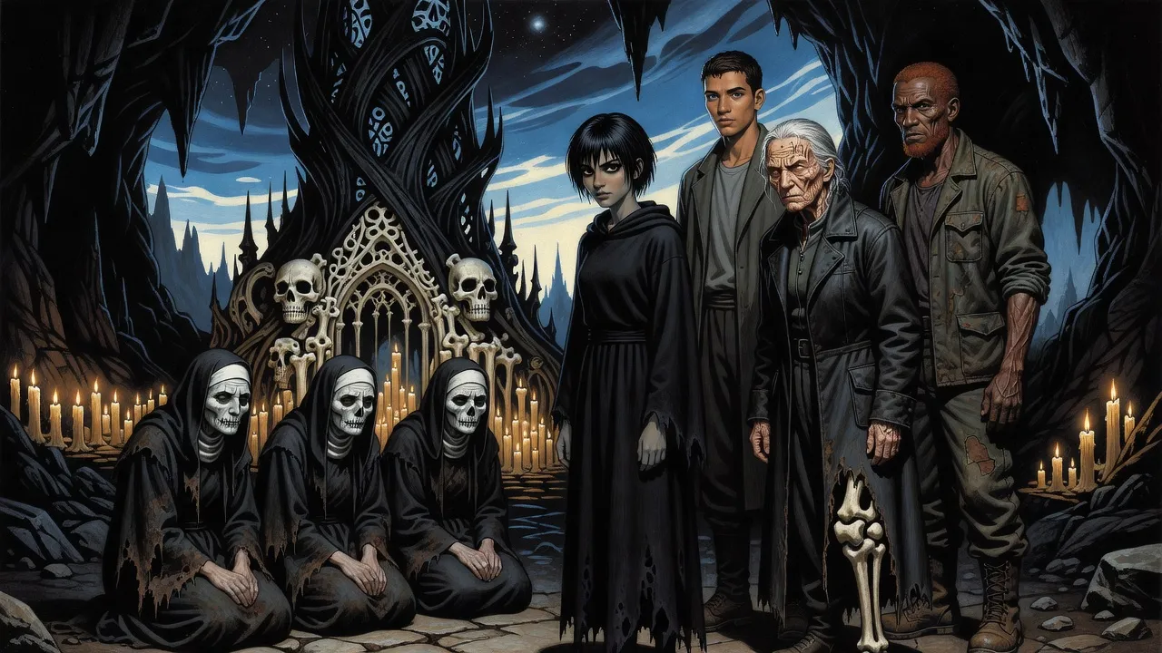 Black-robed figures with painted faces kneel before a black-clad young woman while a scarred old woman with a bone leg stands apart, scowling.