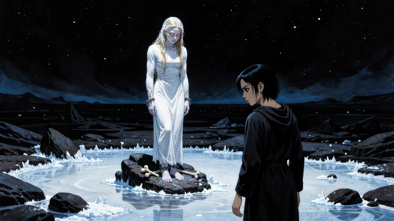 In a black icy void a young woman in black steps into a pale pool toward a golden-haired woman in a white shift chained on a rock, old bones at its base.